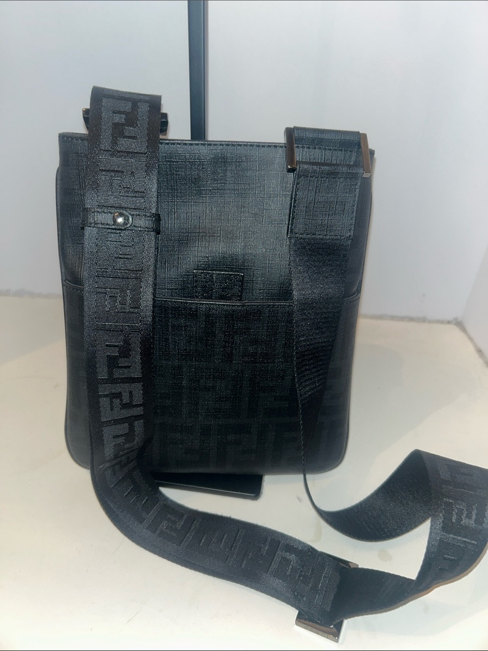 Fendi Black Leather Messenger Crossbody with Branded Strap